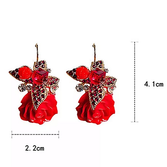 Rhinestone Rose Drop Flower Earrings - Picture 8 of 8